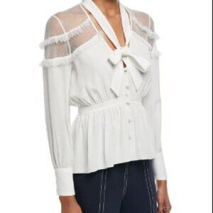 Cinq a Sept Tie-Neck Button-Up V-Neck Silk Peyton Blouse Long Sleeve Sz XS White